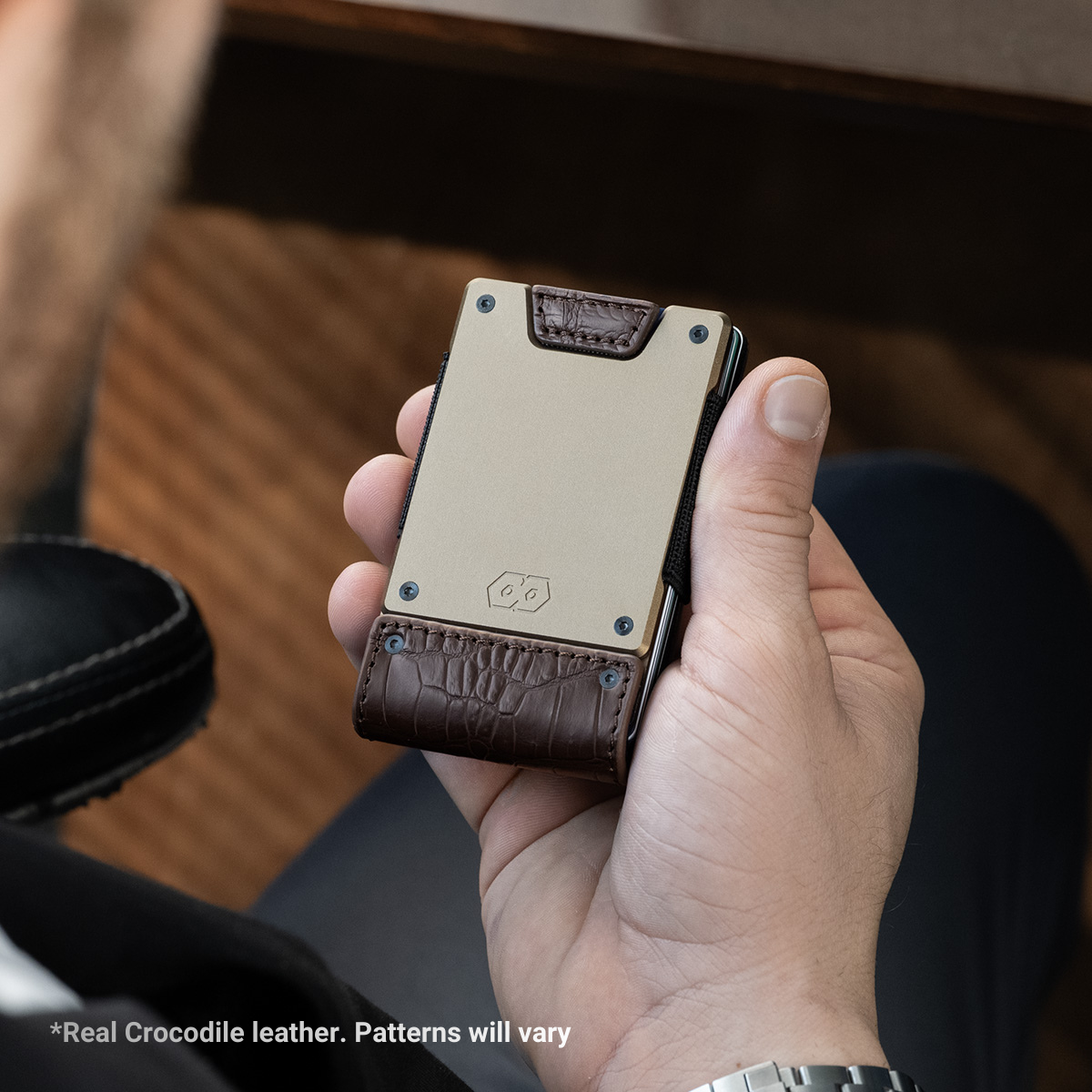 PROOF Wallet | The Cyprus | Brown Full Grain Crocodile Leather & Antique Bronze Gunmetal