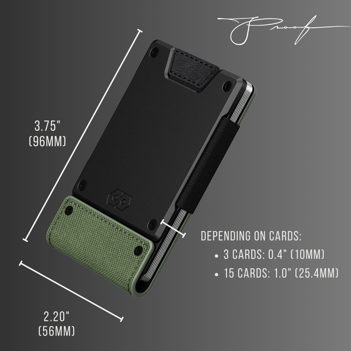 Black and green wallet with measurements on a gray background