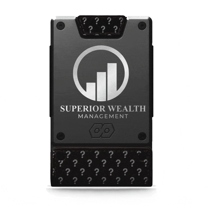 PROOF Mystery Wallet in black with question-mark leather, showing custom laser engravings: business logo, German Shepherd pet portrait, 3-letter monogram, and hunter photo portrait