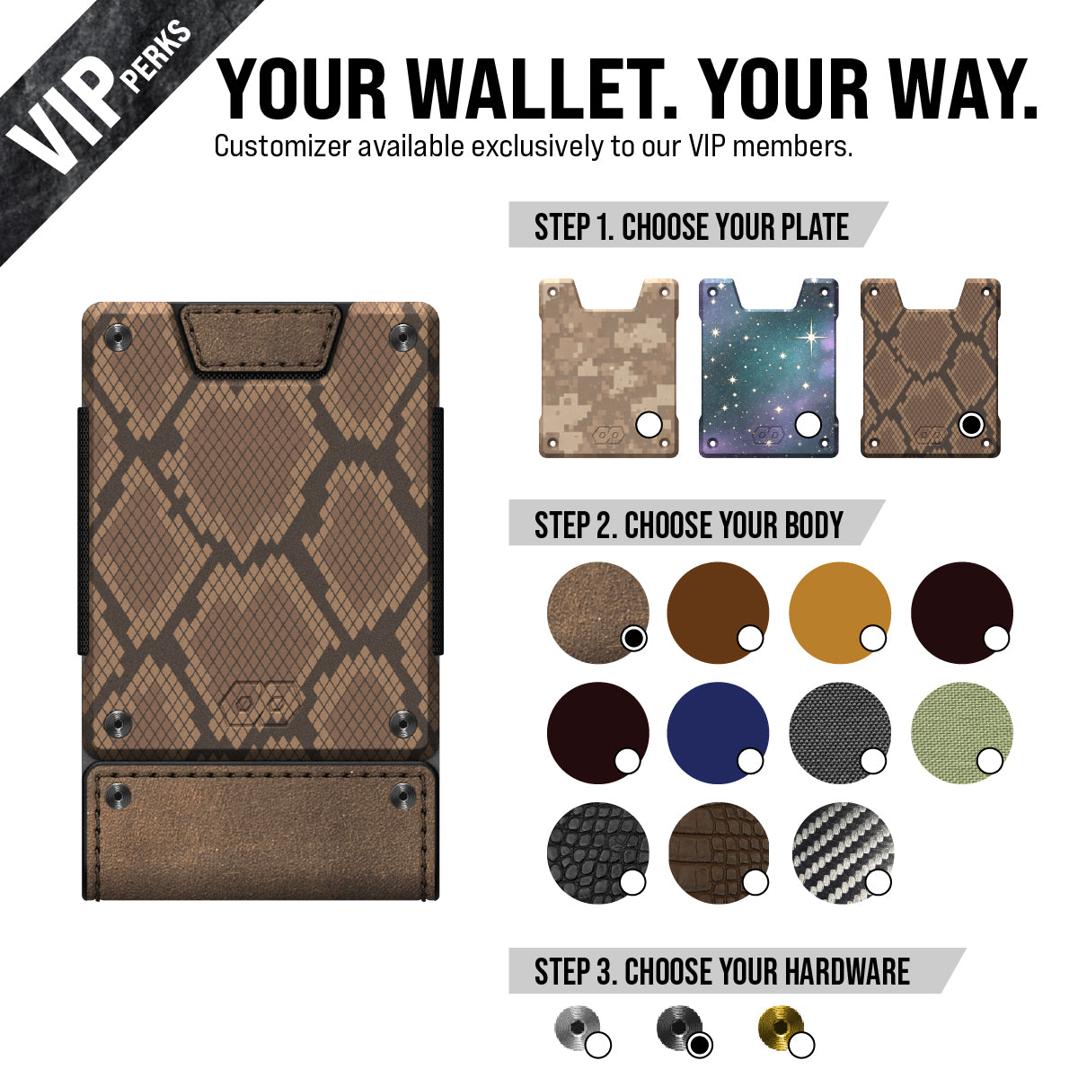 VIP wallet customizer showing 3 steps: choose plate design, body material/color, and hardware finish options.