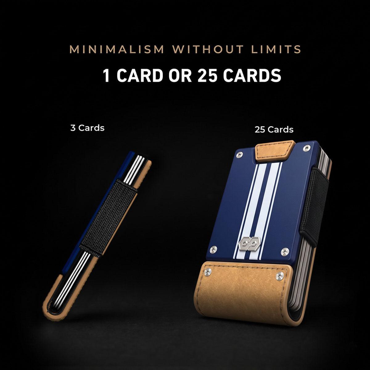 PROOF Octane wallet shown slim with one card and expanded to its full 25-card capacity