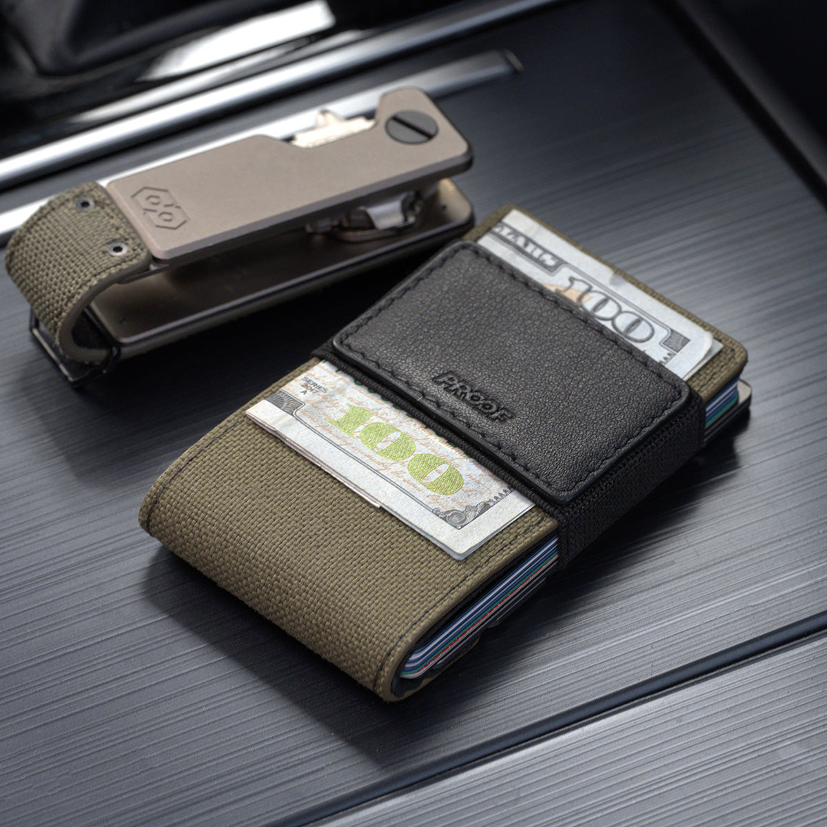 PROOF Wallet | The Operator | Olive Drab Ballistic Nylon & Black Full Grain Leather with Satin Gunmetal