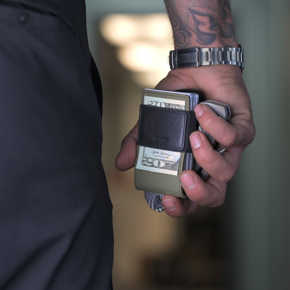 PROOF Wallet | The Sentinel | Olive Drab Ballistic Nylon & Black Full Grain Leather with Dark Gunmetal