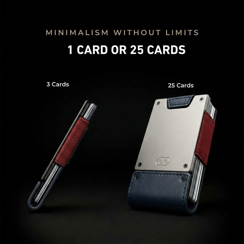 Side-by-side comparison of PROOF Wallet holding 3 cards (slim profile) vs. 25 cards (full capacity) with red elastic band.
