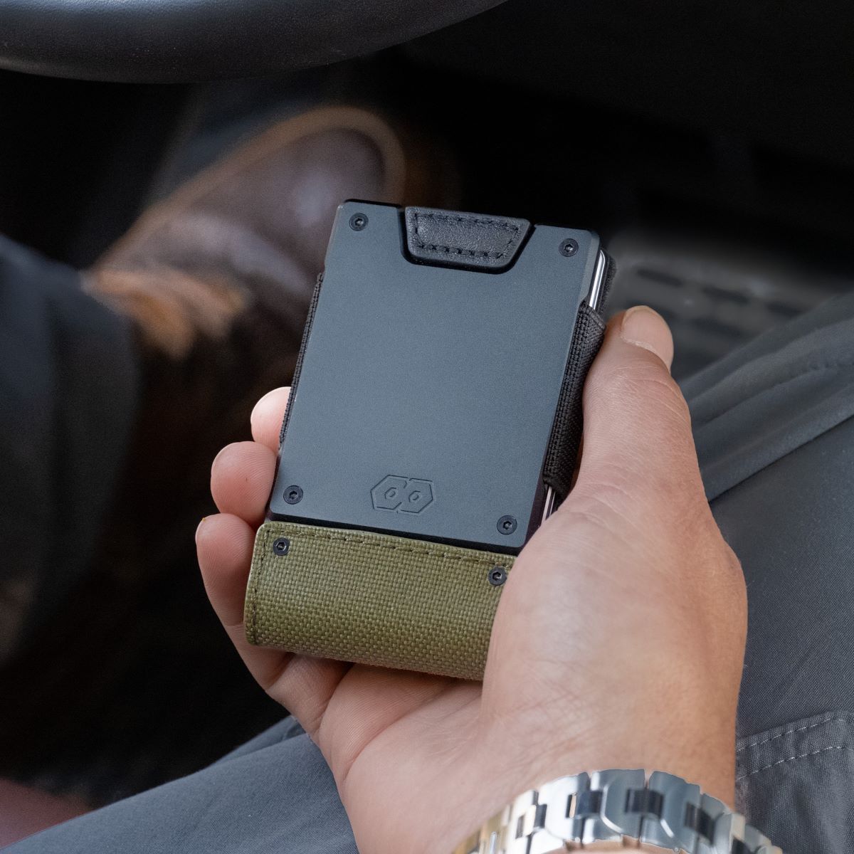 PROOF Wallet | The Sentinel | Olive Drab Ballistic Nylon & Black Full Grain Leather with Dark Gunmetal