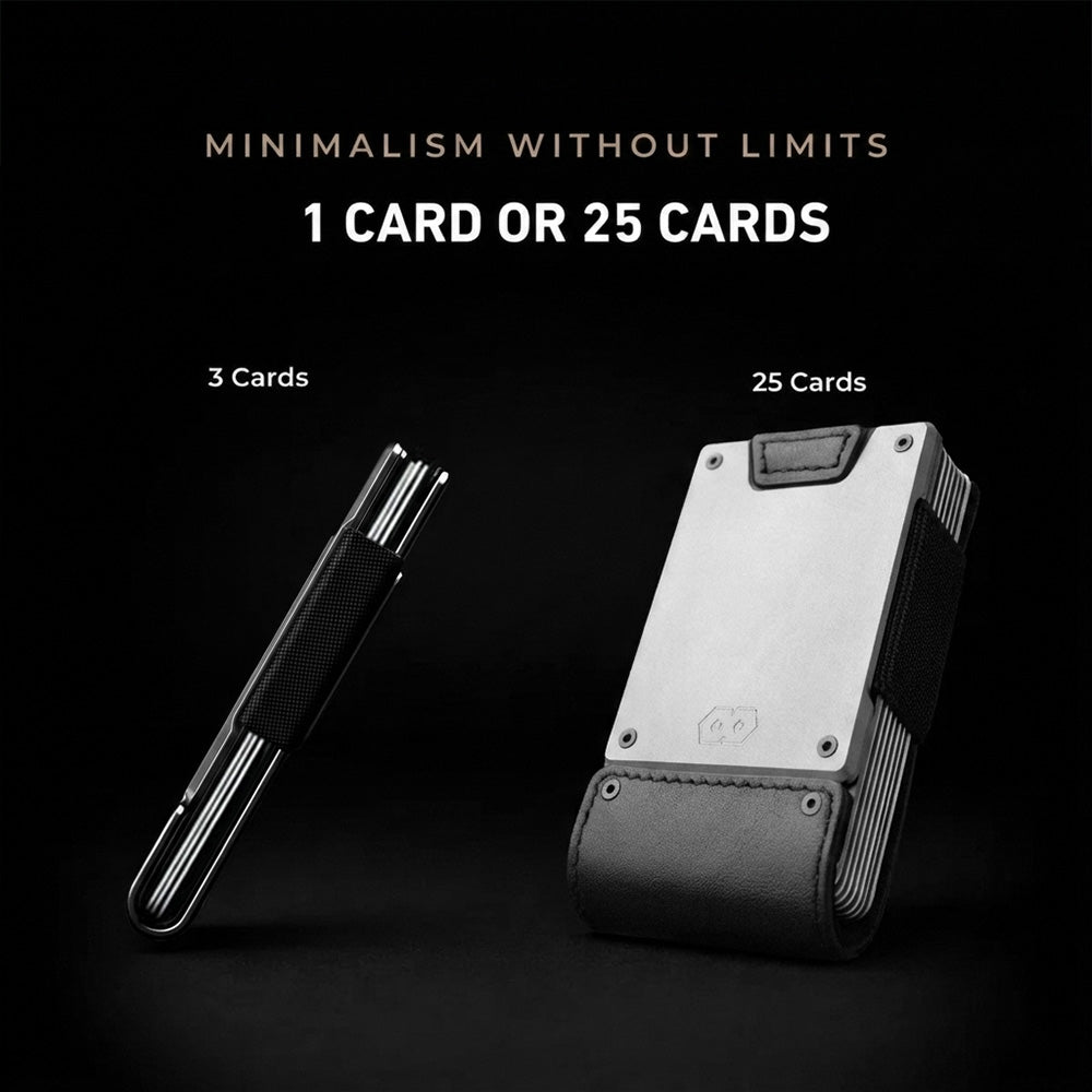 Side-by-side comparison of PROOF Apex wallet holding 3 cards (slim profile) vs. 25 cards (full capacity) on black background.