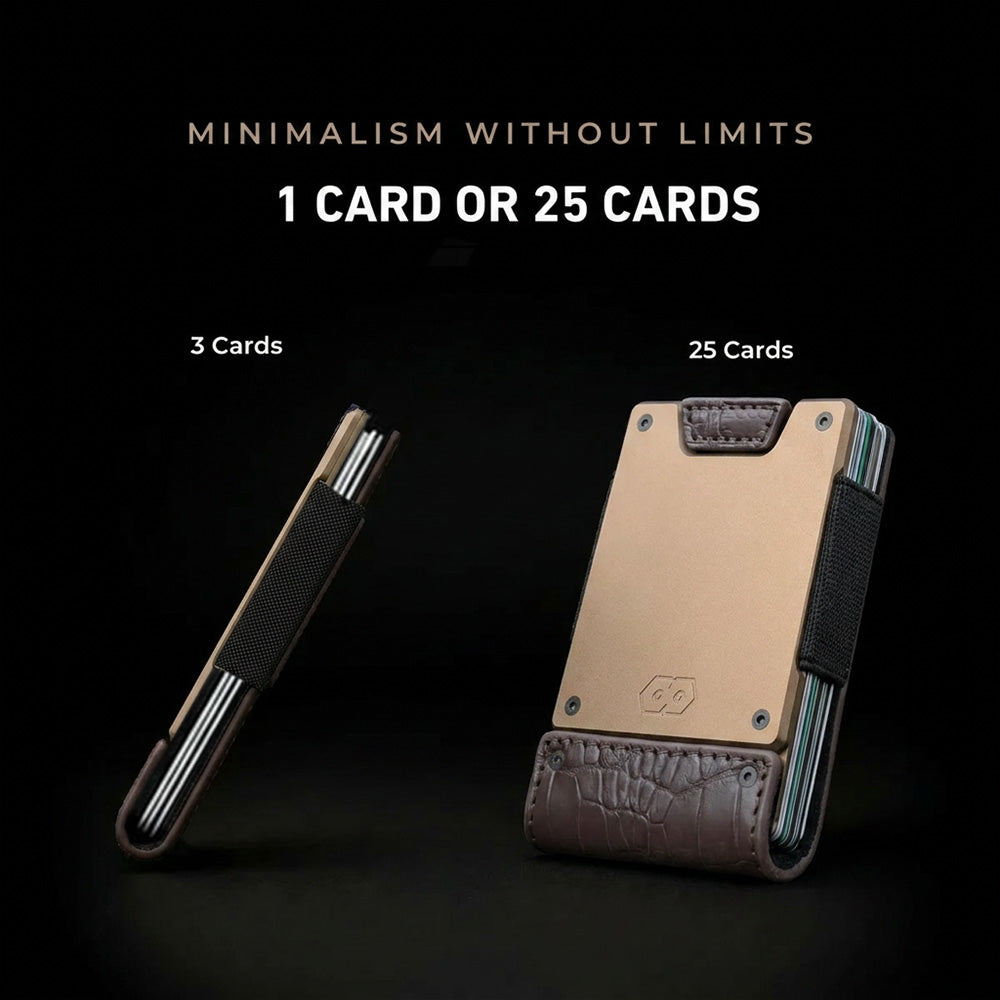 Side-by-side comparison of PROOF wallet holding 3 cards (slim profile) vs 25 cards (full capacity) on black background.