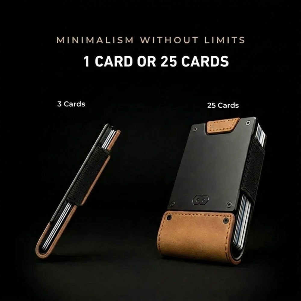 Slim minimalist wallet shown at 3-card thin profile vs. full 25-card capacity, featuring tobacco leather and dark gunmetal fi