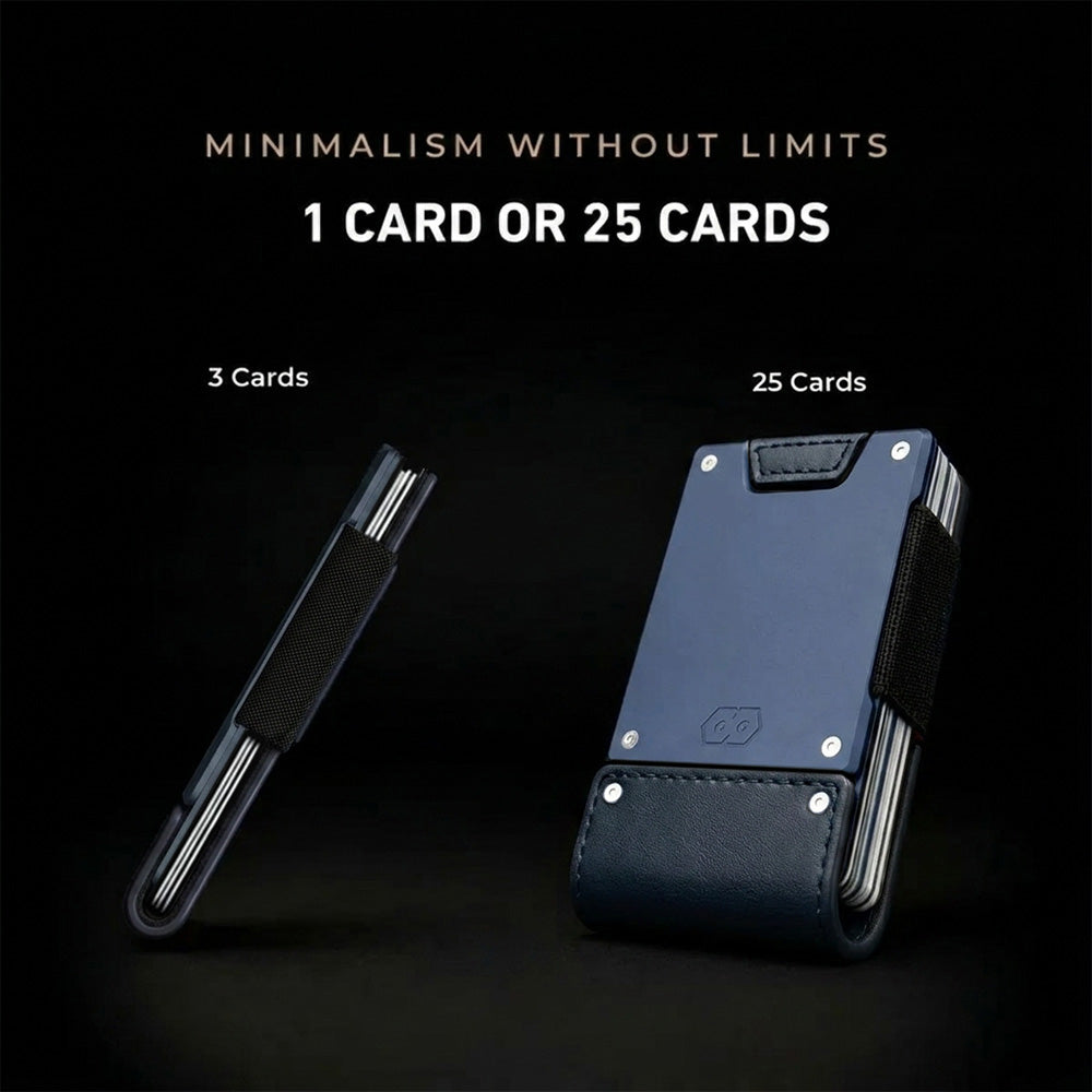Side-by-side comparison of Nautilus wallet holding 3 cards (slim profile) vs. 25 cards (full leather case), dark background.