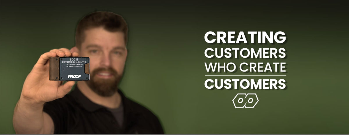 Man holding up a PROOF wallet with a "100% Lifetime Guarantee" label against a green background with bold white text overlay.