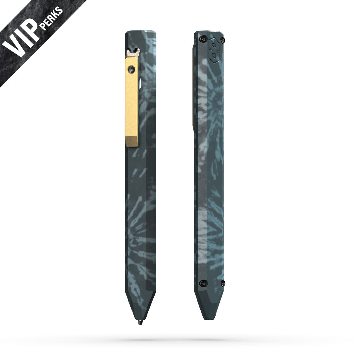 Front and back views of the Vanguard Pen in teal camo with a gold clip, showing both sides of the faceted body.