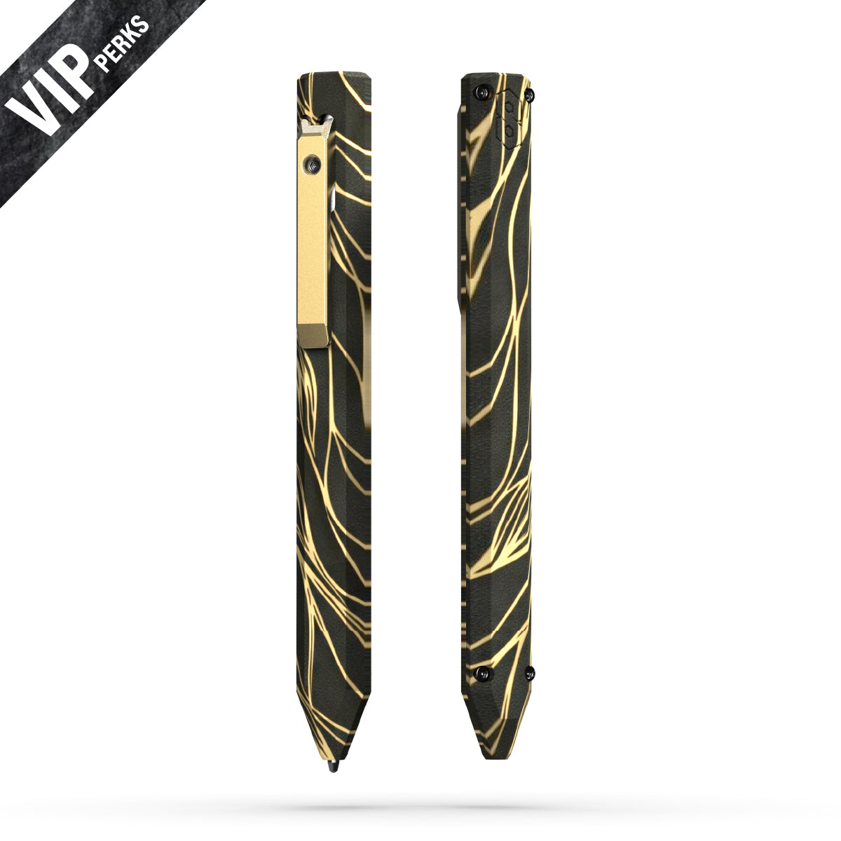 Front and back views of the Vanguard Pen in black with gold swirl pattern, featuring a gold pocket clip.