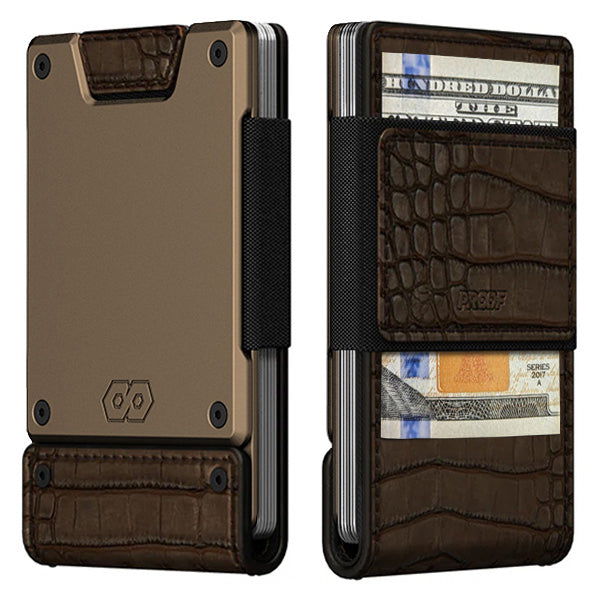 PROOF Wallet | The Cyprus | Brown Full Grain Crocodile Leather & Antique Bronze Gunmetal