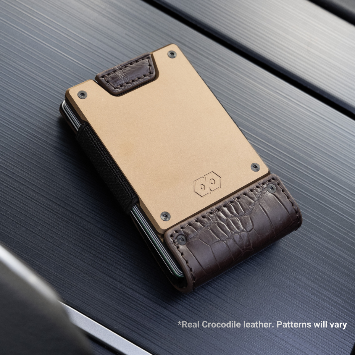 PROOF Wallet | The Cyprus | Brown Full Grain Crocodile Leather & Antique Bronze Gunmetal