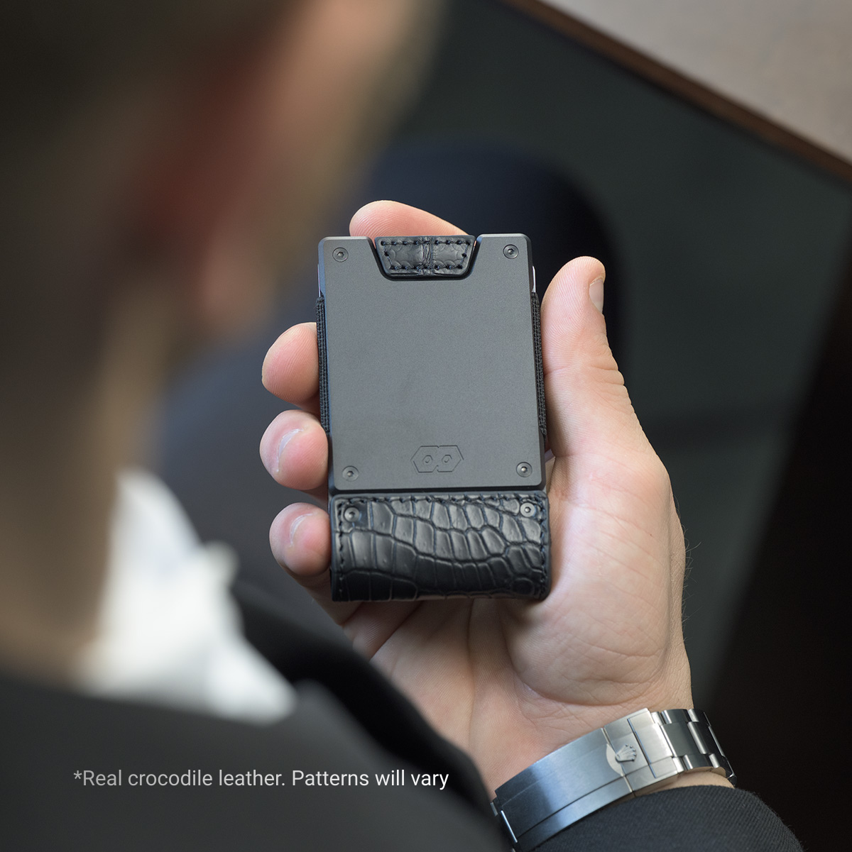 PROOF Wallet | The Everglade | Jet Black Full Grain Crocodile Leather & Dark Gunmetal