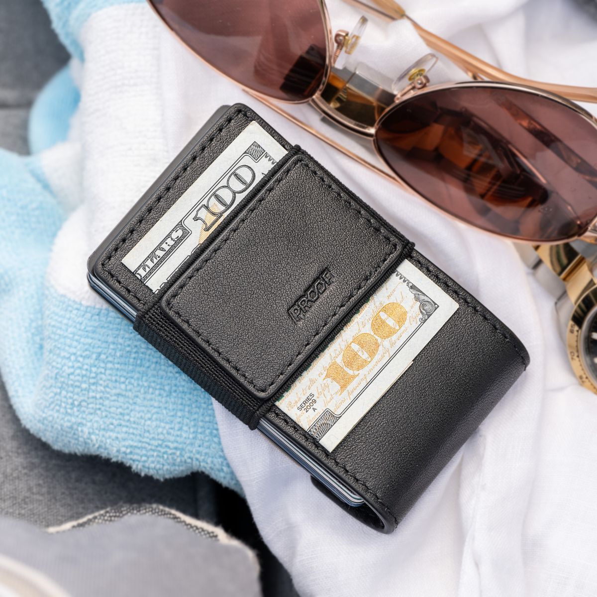 PROOF Wallet | The Obsidian | Full Grain Black Leather & Brushed Brass