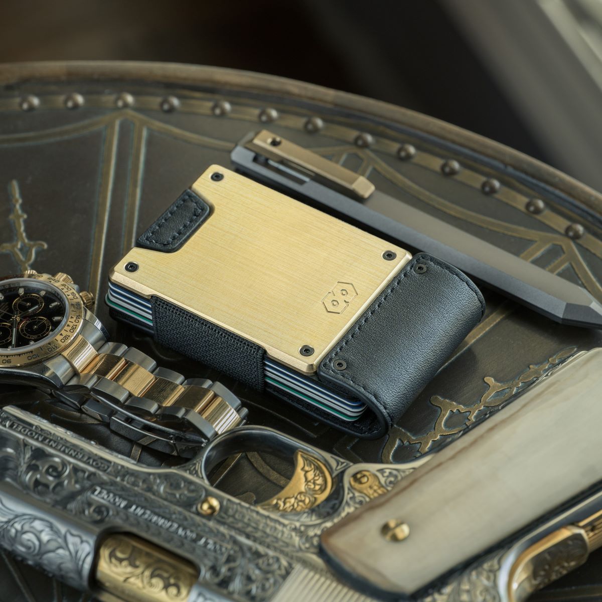 PROOF Wallet | The Obsidian | Full Grain Black Leather & Brushed Brass