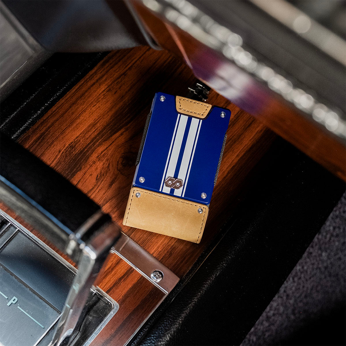 Front of the PROOF Octane minimalist wallet inside a 1969 Camaro Z10