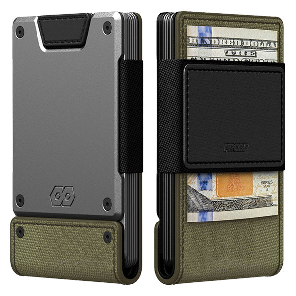 PROOF Wallet | The Operator | Olive Drab Ballistic Nylon & Black Full Grain Leather with Satin Gunmetal