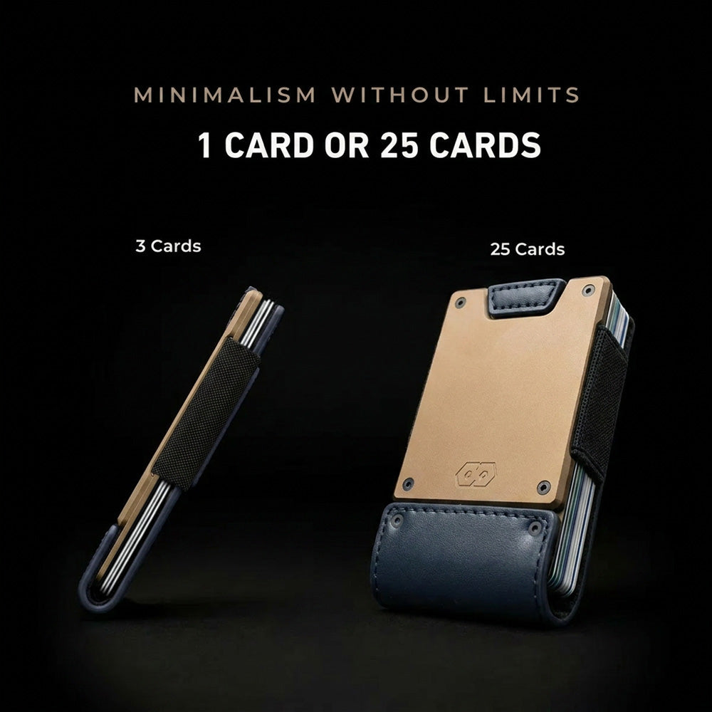 Side-by-side comparison of PROOF Admiral wallet holding 3 cards (slim profile) vs. 25 cards (expanded), navy leather and bron