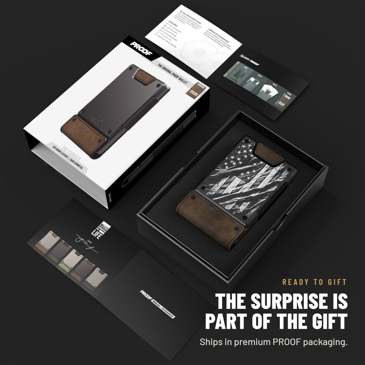 Engraved PROOF wallet in its open gift box with the PROOF packaging sleeve and insert cards.