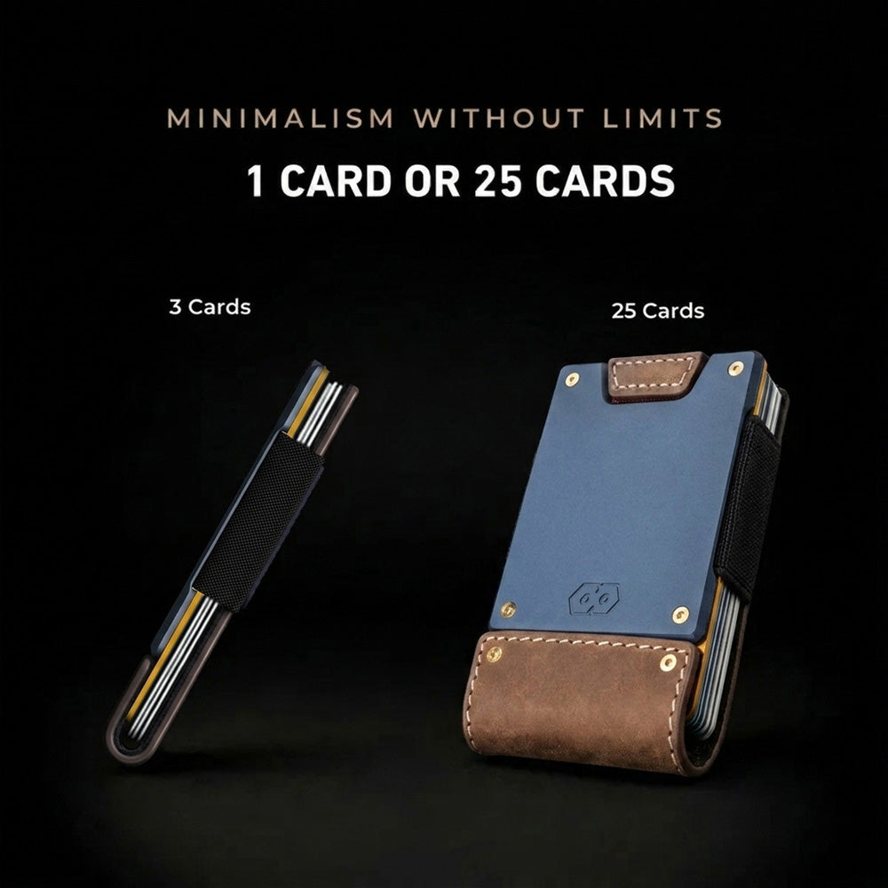 Side-by-side comparison of PROOF wallet holding 3 cards (slim profile) vs. 25 cards (full capacity) on dark background.