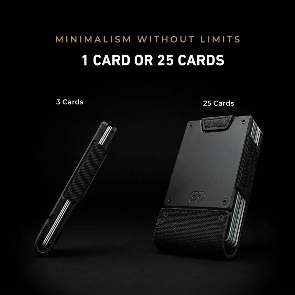 Side-by-side comparison of Monolith wallet holding 3 cards (slim profile) vs 25 cards (expanded) on black background.