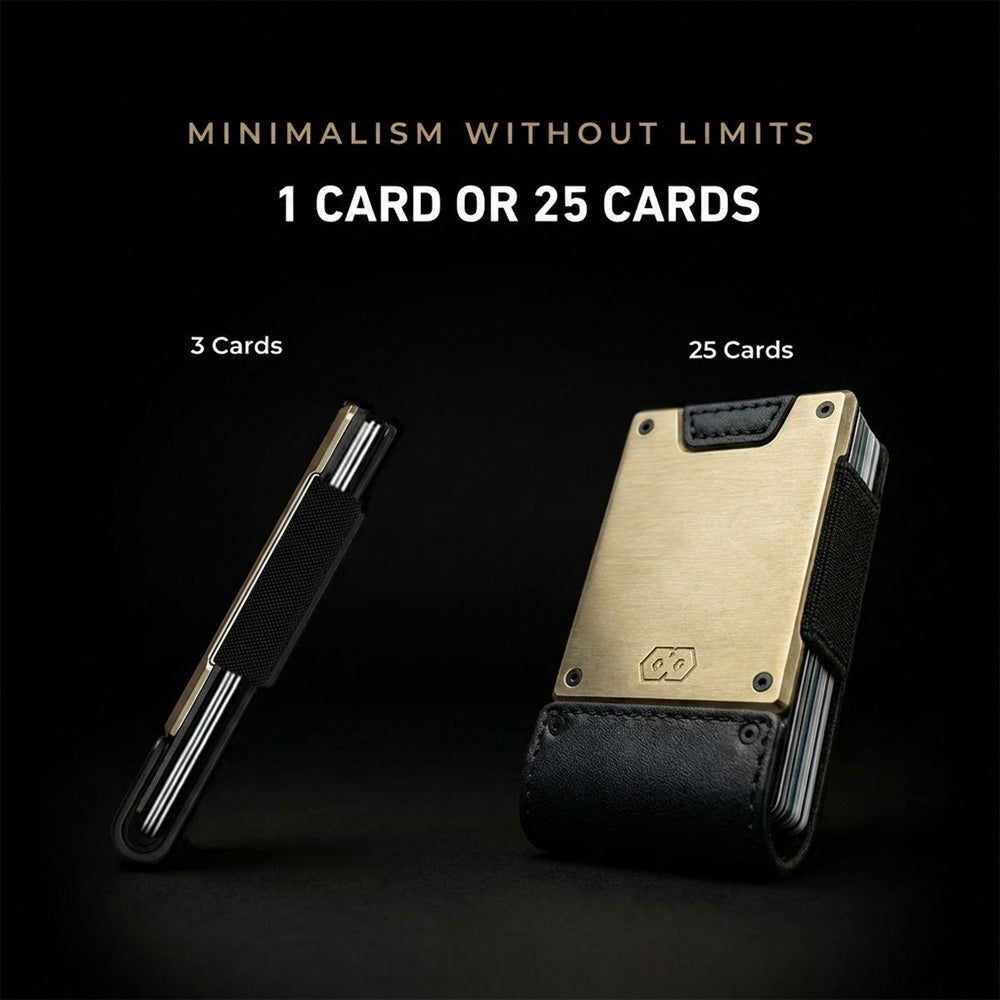 Side-by-side comparison of PROOF Obsidian wallet holding 3 cards (slim profile) vs. 25 cards (full capacity) on black backgro