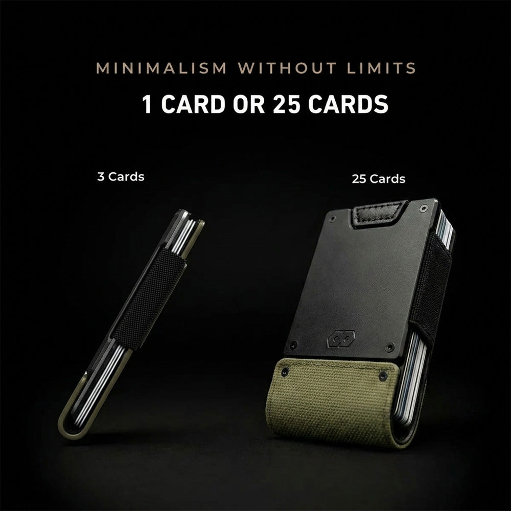 Side-by-side comparison of Sentinel wallet: slim profile holding 3 cards (left) vs. fully expanded holding 25 cards (right).