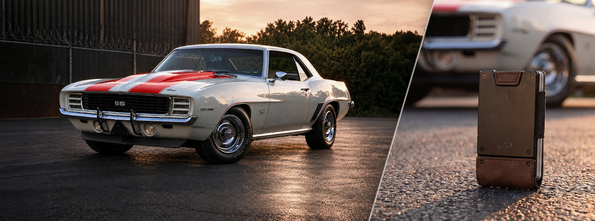 1969 Camaro Z10 sweepstakes car with a PROOF Founder wallet